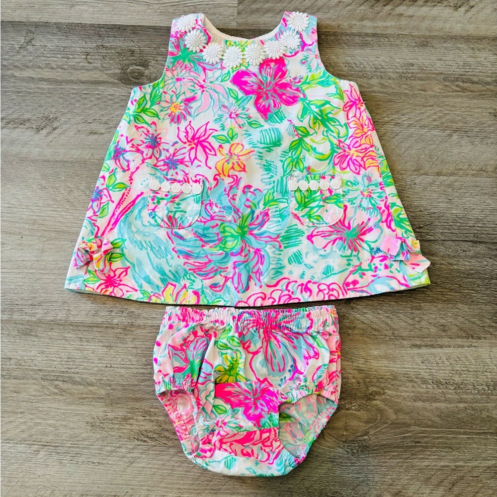 NWOT Lilly Pulitzer Neon Floral Dress Set w Bummies - Pink, Green, Blue 6-12 Mo